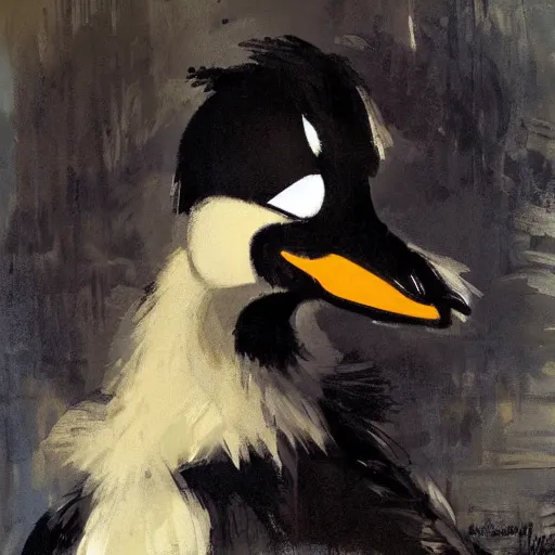 Image similar to portrait of an emotional daffy duck, by jeremy mann, anders zorn.