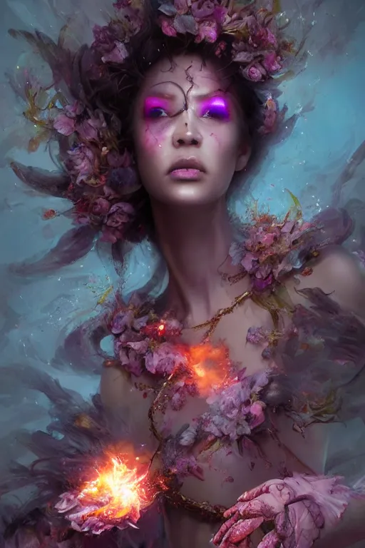 Prompt: beautiful girl necromancer, witch - doctor exploding into flowers fire crystal dress, angels, 3 d render, hyper - realistic detailed portrait, holding fire and electricity, ruan jia, wlop. scifi, fantasy, magic the gathering, hyper detailed, octane render, concept art by artgerm, peter mohrbacher