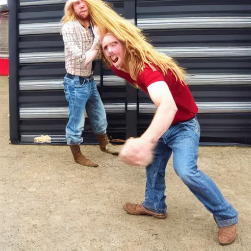 Image similar to long - haired blonde hillbilly kicking cardboard boxman