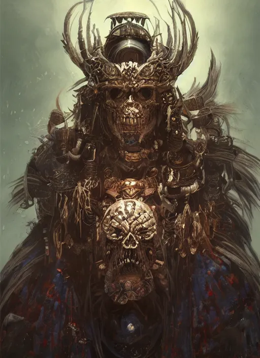 Prompt: masterpiece portrait of a deathlord shaman with cosmic armor, au naturel, hyper detailed, digital art, trending in artstation, cinematic lighting, studio quality, smooth render, unreal engine 5 rendered, octane rendered, art style by klimt and nixeu and ian sprigger and wlop and krenz cushart and kim jung gi and greg rutkowski