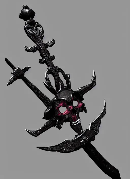 Image similar to a black great sword mini skull crest, orthographic, ornament, weapon, a 3 d render by dom qwek, front side, concept art, trending on polycount, artstation, hard surface modeling, rendered in maya, zbrush, hd, vray, blizzard, symmetry