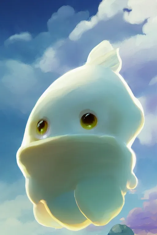 Prompt: a very cute sea slug dango, by rhads, makoto shinkai and lois van baarle, johannes voss, low angle fisheye view, sky whith plump white clouds, elegant, highly detailed, artstation, 8 k, unreal engine, hdr, concept art, volumetric lighting matte