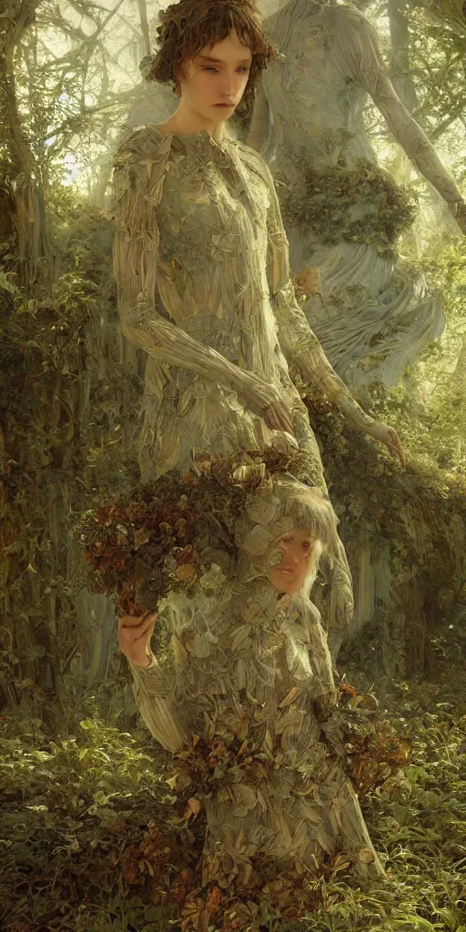 Prompt: dress made of leaves, masterpiece by Edgar Maxence and Ross Tran and Michael Whelan, gustav dore, carravaggion, realistic fantasy, establishing shot, 8k, octane render, moonbeams