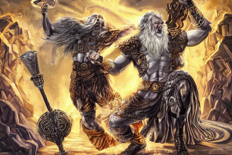 Prompt: mythological angry odin all father supreme God of thunder and smithing and artificial intelligence creating an artificial neural network with gold synapses on an anvil with his mighty hammer, high resolution, award winning art, trending on art station, sharp image, incredibly detailed, detailed character, realistic painting, hyper-realistic painting, coherent painting, master piece by Kyozu Aroyama