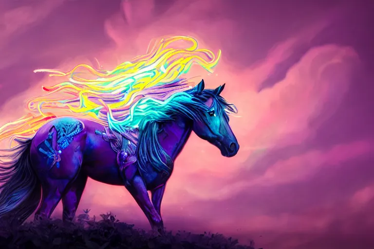 Image similar to a stunning horse with bioluminescent mane and tail running in the clouds by sandra chevrier and greg rutkowski, purple blue color scheme, celtic neon runes, vaporware, retro, outrun, high key lighting, volumetric light, digital art, highly detailed, fine detail, intricate, ornate, complex, octane render, unreal engine, photorealistic