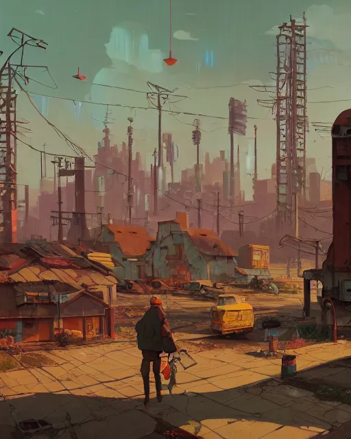 Image similar to painting of old ruined cyberpunk soviet village, detailed, by simon stalenhag, cory loftis, james gilleard, atey ghailan, makoto shinkai, goro fujita, studio ghibli, rim light, exquisite lighting, clear focus, very coherent, plain background, soft painting