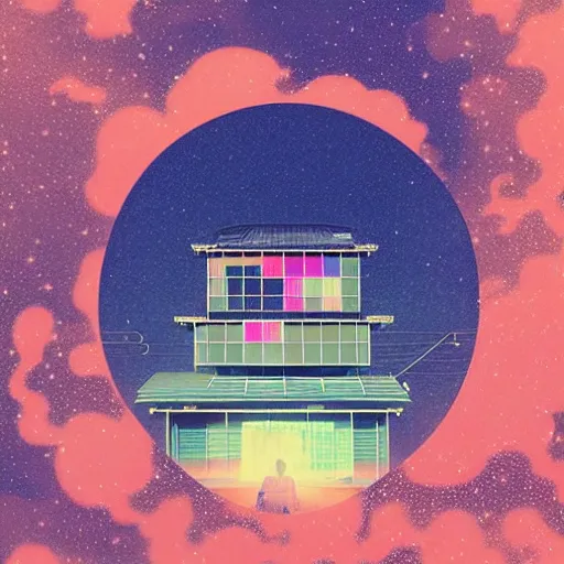 Prompt: a vinyl on a 8 0 s japanese house by inio asano, beeple and james jean, aya takano color style, 4 k, super detailed, night sky, digital art, digital painting, celestial, majestic, colorful