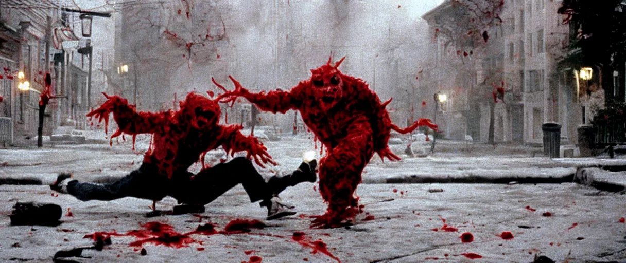 Prompt: filmic extreme wide shot dutch angle movie still 35mm film color photograph of a soccer ball demon attacking a doctor, blood splattering, in the style of The Thing 1982 horror film