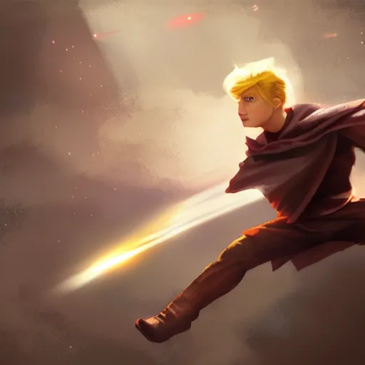 Image similar to blonde boy wearing a brown cape and flying in t pose, space background, energy beam, brush strokes, greg rutkowski