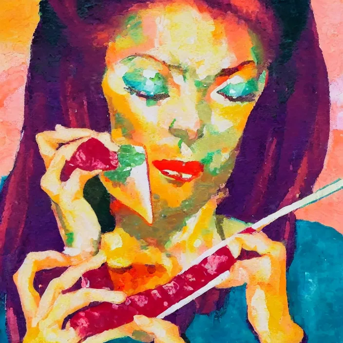 Prompt: portrait of beautiful woman eating sushi painted with colorful gouache impasto