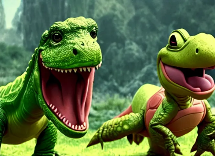 Image similar to film still of yoshi in the new sci - fi movie, upright dinosaur with a small turtle shell and long tongue, 8 k