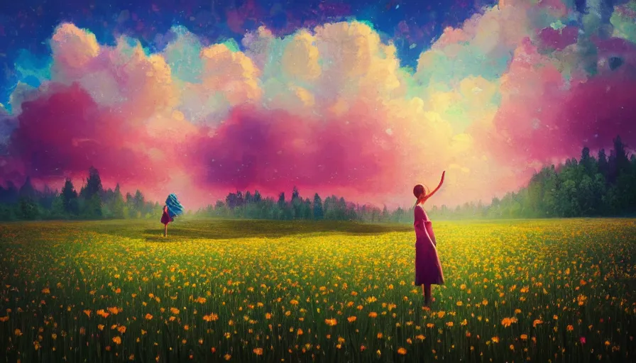 Prompt: girl with a giant flower face, surreal photography, dream, standing in flower field, hills, big trees, sunrise dramatic light, impressionist painting, colorful clouds, digital painting, pointillism, artstation, simon stalenhag, flower face