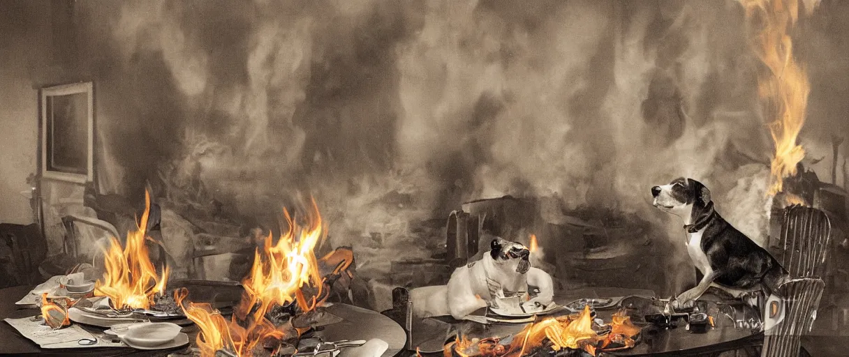 Image similar to a photograph (flash on) of a relaxed anthropomorphic dog sitting on a chair at a dinner table (no fire at all there), surrounded by flames, cup of coffee on the table, huge fire on this dining room in the background, a lot of flames behind the dog, black smoke instead of the ceiling, no watermark