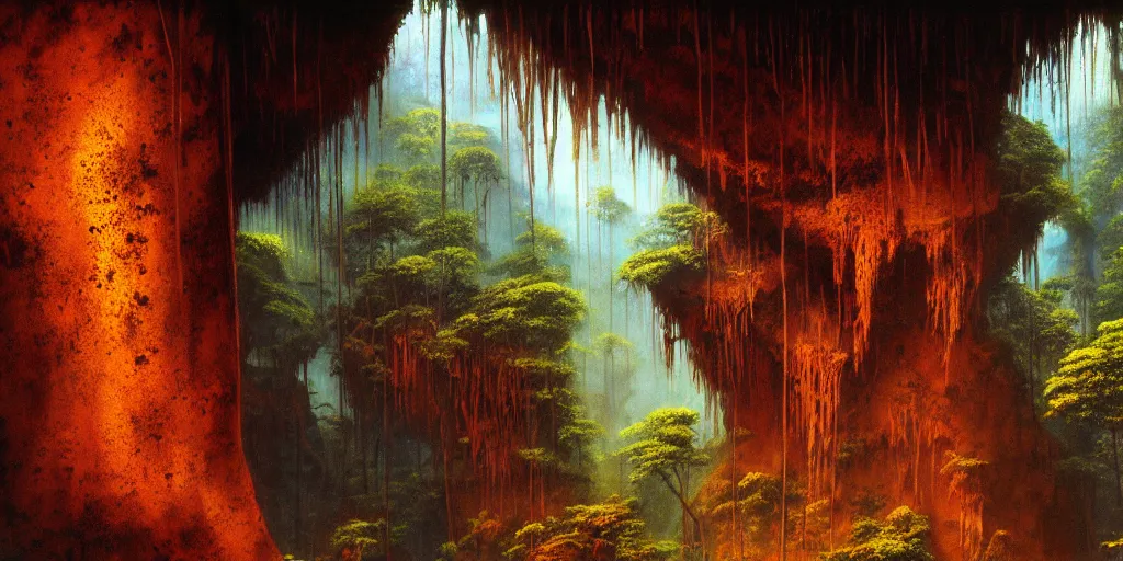 Prompt: rusty cave openings in the jungle, matte oil painting, by frank herbert, retrofutistic, science fantasy, rpg, epic, extremely detailed, sharp focus, 4 k