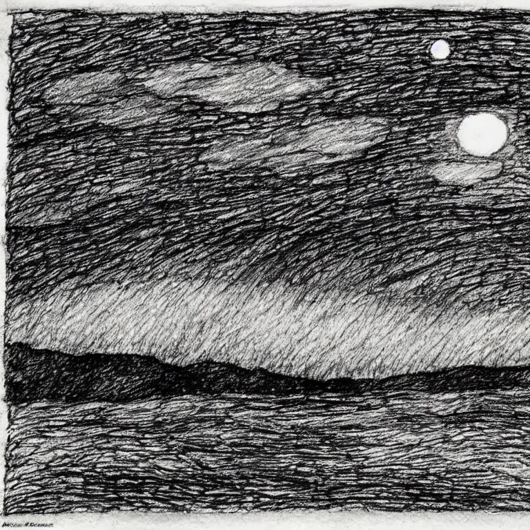 Prompt: pen and ink drawing of foggy night sky, crosshatching, edward gorey, hatches