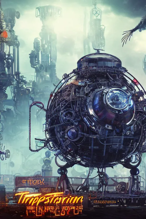 Image similar to a movie poster, invasion of the tripmachines, realistic digital art, 3 d render of a huge futuristic steampunk generator inside a steampunk machinery, 8 k, fluorescent colors, halluzinogenic, multicolored, exaggerated detailed, unreal engine