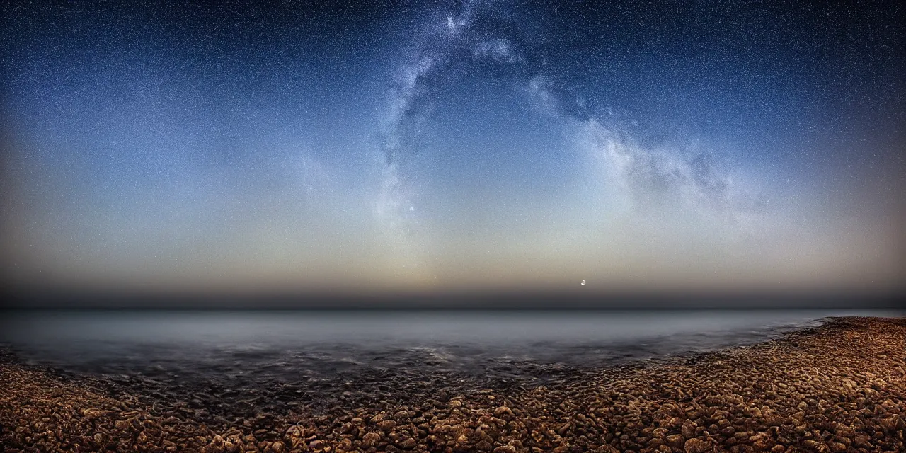 Prompt: a beautiful painting of ultra wide angle blue ocean, dream moon, starry sky, milky way, beach, harbor, castle, dream, by mikko lagerstedt