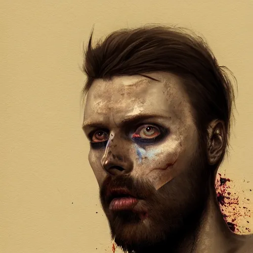 Image similar to color head portrait of the singer brett anderson, 7 days to die zombie, gritty background, fine art, award winning, intricate, elegant, sharp focus, cinematic lighting, digital painting, 8 k concept art, art by michael hussar, art by brom, art by guweiz and z. w. gu, 8 k