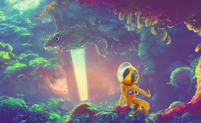 Image similar to a still of a cute adorable tiny astronaut, on a planet of lush colorful foliage, with an enormous kaiju dragon surrounding the full background, magical forest, sharp focus, neon backlit, highly detailed, disney pixar studio ghibli makoto shinkai, digital painting, matte, octane render, global illumination, iridescent, anime, 8 k concept art