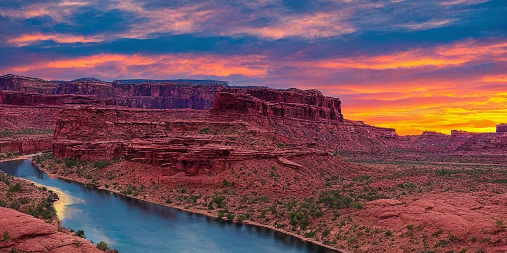 Image similar to “a river bend running through a canyon surrounded by desert mountains at sunset, moab, utah, a tilt shift photo by Frederic Church, trending on unsplash, hudson river school, photo taken with provia, national geographic photo”