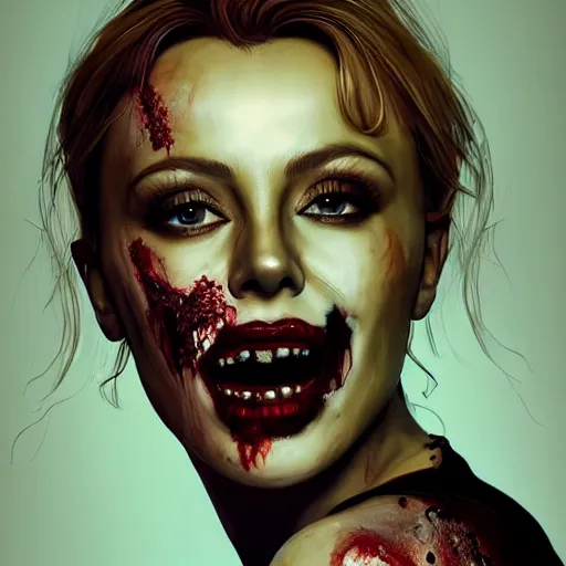 Prompt: portrait of kylie minogue as a zombie with cuts on face, 7 days to die zombie, fine art, award winning, intricate, elegant, sharp focus, cinematic lighting, highly detailed, digital painting, 8 k concept art, art by guweiz and z. w. gu, masterpiece, trending on artstation, 8 k