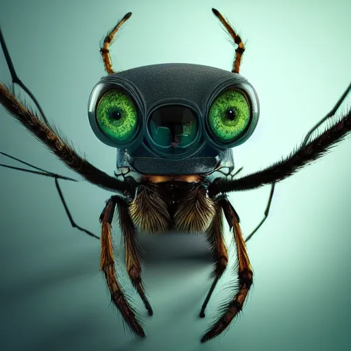 Prompt: a detailed 3d render of a bionic creature with spider eyes, pixar, cinematic, octane render, cgsociety, artstation, 8k, compositing, beautiful, mystical