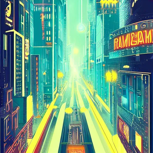 Prompt: art deco style poster of a cyberpunk city that has neon light streets, shimmering rain, and tall buildings up into the dark clouds