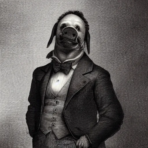 Image similar to detailed portrait of a pig in a tuxedo, dramatic light, Chiaroscuro, illustration by Paul Gustave Doré