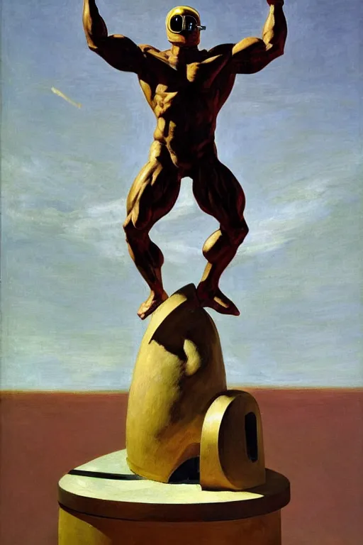 Image similar to bodybuilder in an astronaut helmet lifts a statue of a horse, highly detailed painting by francis bacon, edward hopper, adrian ghenie, gerhard richter, and james jean soft light 4 k,