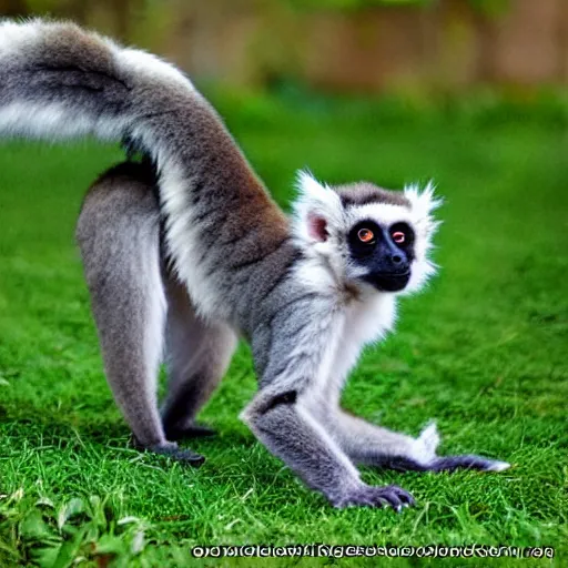 Image similar to monkey - cat - dog - fox hybrid in lemur pose, fluffy white fur, very long tail