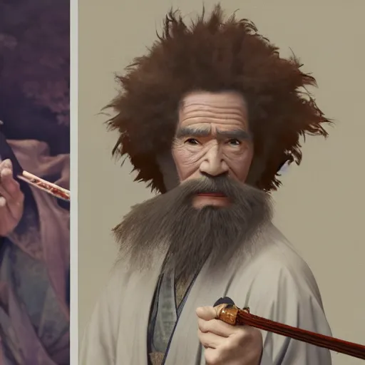 Prompt: an ultra detailed matte painting of bob ross smoking a pipe and dressed as a wandering ronin samurai, edo japan, concept art by jeong seon and alphonse mucha and greg rutkowski, octane render, 8 k, detailed face