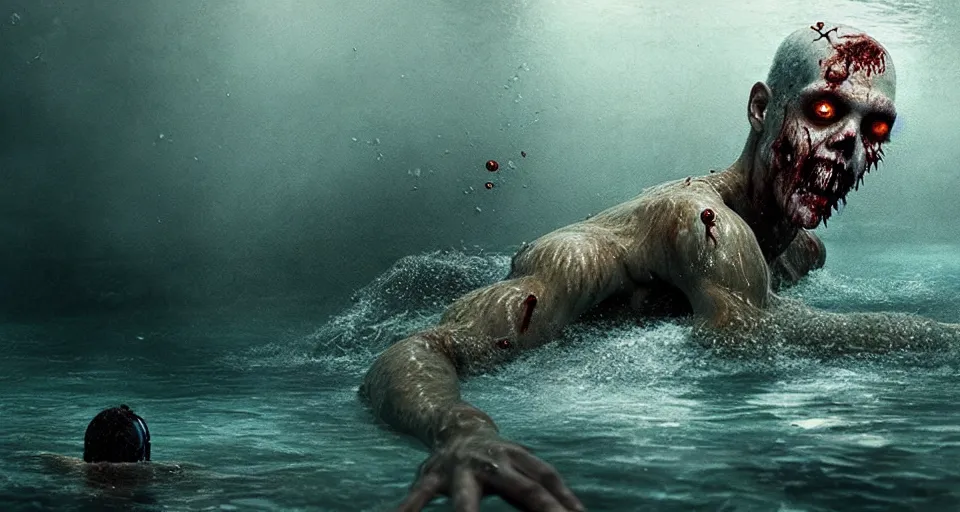 Image similar to highly detailed full body portrait of a zombie swimming underwater in a zombie - apocalypse, in a swimming pool, by greg rutkowski, octane render