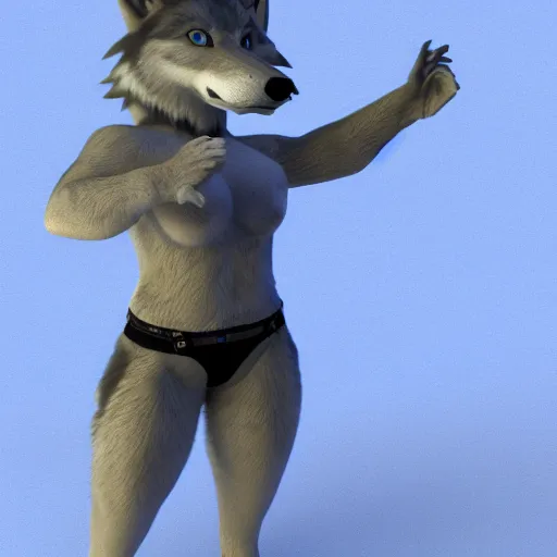 Prompt: 3 d render, well toned, large and tall, female, anthropomorphic wolf with a short snout, furless, blue scales with white spots, blue scales covering her chest.