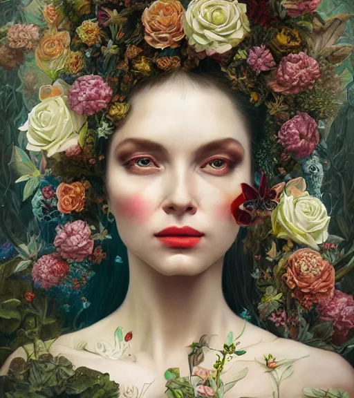 Prompt: portrait of the queen of the underworld, surrounded by flowers by karol bak, james jean, tom bagshaw, rococo, trending on artstation, cinematic lighting, hyper realism, octane render, 8 k, hyper detailed.