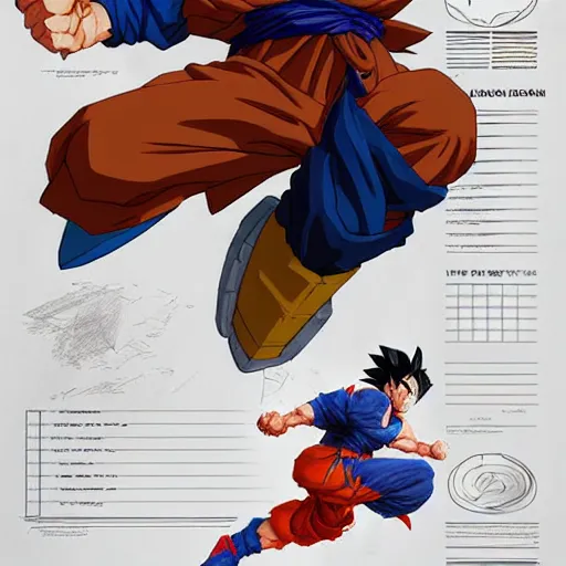 Prompt: goku character sheet, artstation, greg rutkowski, gaston bussiere, craig mullins, frank frazetta, vermeer, mucha, trending on artstation