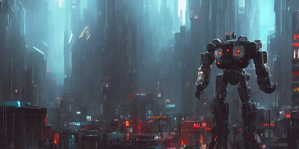 Image similar to a giant robot protects a cyberpunk city, ominous sky, federico pelat, evening, artstation