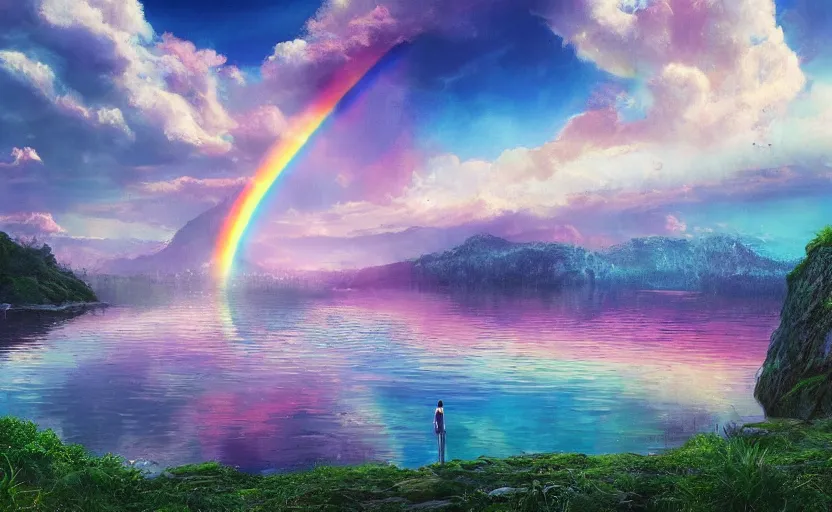 Image similar to a beautiful art of lake in foregraund and rainbow colored sky on background by Miyazaki Nausicaa Ghibli, 8K, hyper detailed, 20K, realistic, product lighting, by onesal, by sixnfive , behance 3d , studio photography DSLR, Photoreal epic composition