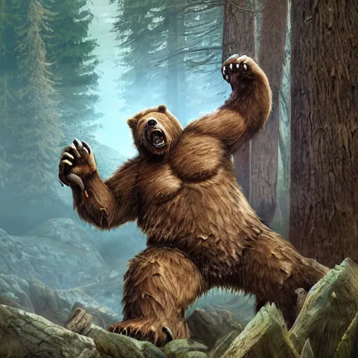 Prompt: one ferocious giant grizzly bear monster with 4 arms in a forest, fantasy concept art, by greg rutowski, detailed, epic pose
