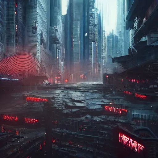 Image similar to a giant terrifying stream destroying a dystopian city, cyberpunk, sharp focus, dynamic lights, still, photograph, hyper realistic, masterpiece, octane render, rendered, 3 d, cinematic, cinematic lighting, dramatic lighting, highly detailed, intricate details, texture, cinematic composition, by donglu yu and kevin jick and eddie del rio