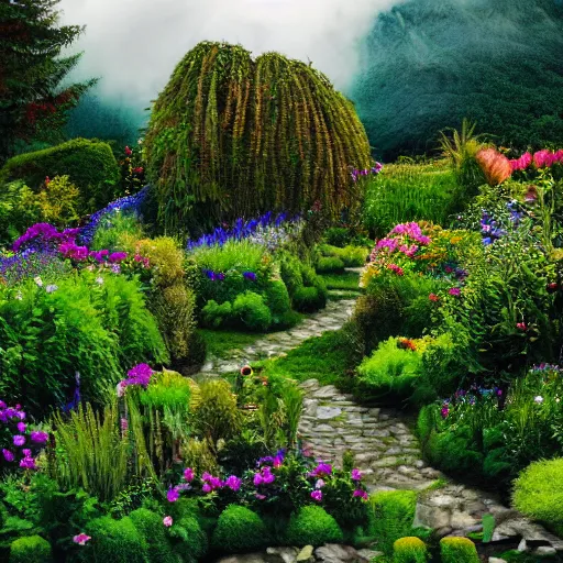 Image similar to gods most beautiful garden, in the clouds, 8 k