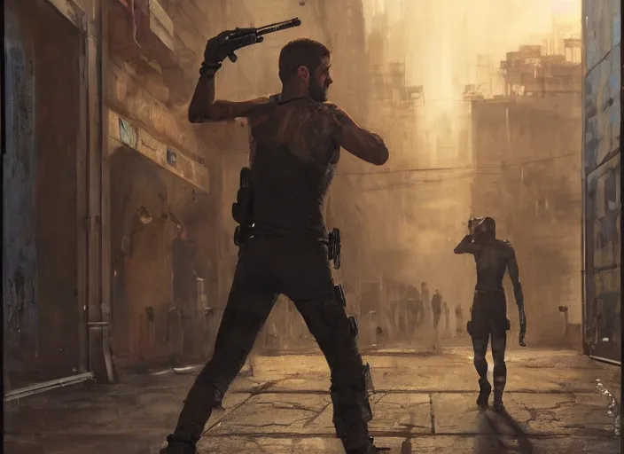 Image similar to sam fisher knocking out a guard ( blade runner 2 0 4 9, dystopian, cyberpunk 2 0 7 7 character design ). orientalist portrait by john william waterhouse and james gurney and theodore ralli and nasreddine dinet, oil on canvas. cinematic, hyper realism, realistic proportions, dramatic lighting, high detail 4 k