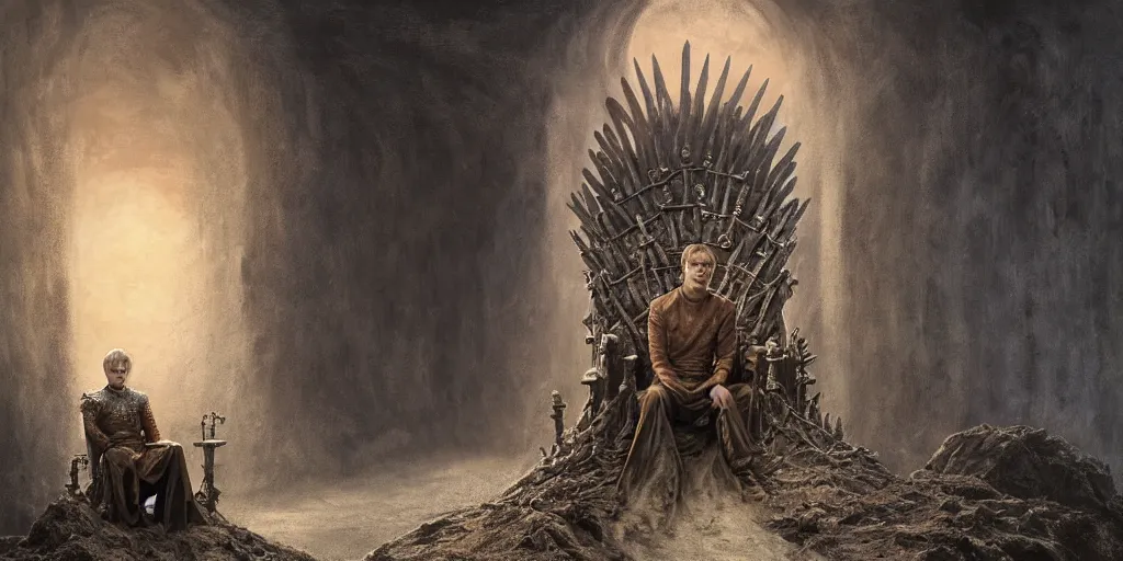 Image similar to Jack Gleeson as King Joffrey Baratheon sitting on the Iron Throne, Les Edwards, Zdzislaw Beksinski, Carl Gustav Carus, John Harris, Michal Karcz, Zhang Kechun, Mikko Lagerstedt, Scott Listfield, Steven Outram, Jessica Rossier