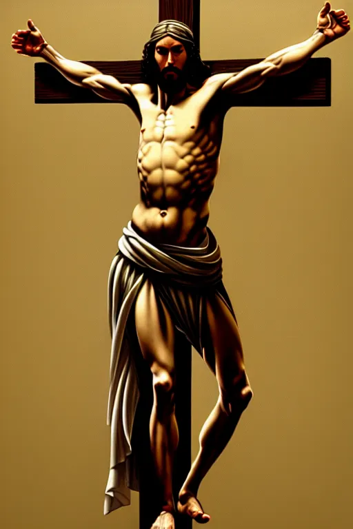 Prompt: full body shot, jesus on cross, painting by caravaggio, mikelangelo, donatello, masterpiece, highly detailed, artstation, concept art, dark background, octane render