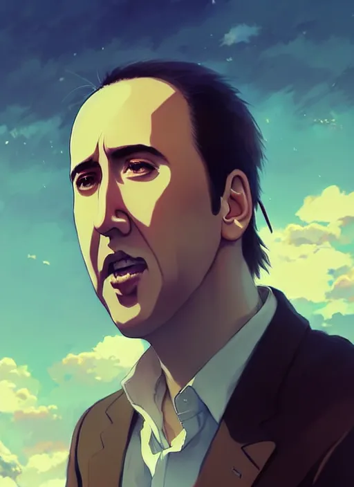 Image similar to portrait of nicolas cage, cloudy sky background lush landscape illustration concept art anime key visual trending pixiv fanbox by wlop and greg rutkowski and makoto shinkai and studio ghibli