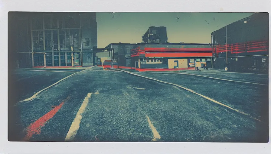 Prompt: analog polaroid photograph of an industrial district with road markings and neon lights, warehouse, sea containers, high perspective, warm azure tones, red color bleed, duotone, heavy film grain, depth of field