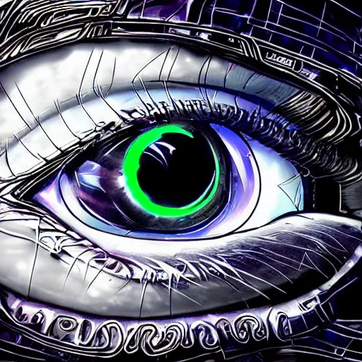 Image similar to cybernetic wolf eye, futuristic, cyberpunk, digital illustration, photo - realistic, macro, extremely detailed, vivid, neon, dramatic lighting, intricate details