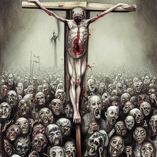 Image similar to a hyperrealistic painting of a large group of zombies watching the crucifixtion, by santiago caruso, highly detailed,