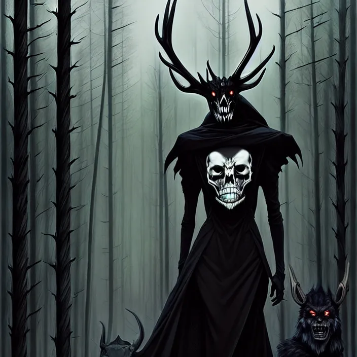 Prompt: style artgerm, joshua middleton, diego fazio, hubert robert : : scary wendigo with antlers and skull face mixed with werewolf : : [ beautiful witch wearing a black dress, symmetrical face, on the right side ] : : in the forest, detailed, dark and foggy, cinematic lighting