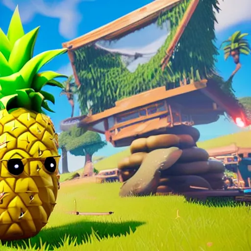 Image similar to anthropomorphic pineapple playing the video game fortnite, the pineapple is filled with beans