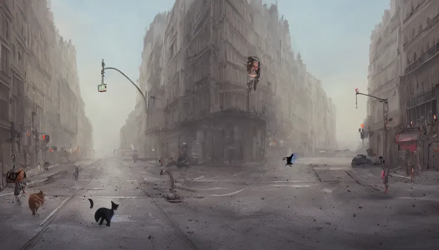 Image similar to cats crossing empty dusty streets of abandoned paris, heat wave, hyperdetailed, artstation, cgsociety, 8 k